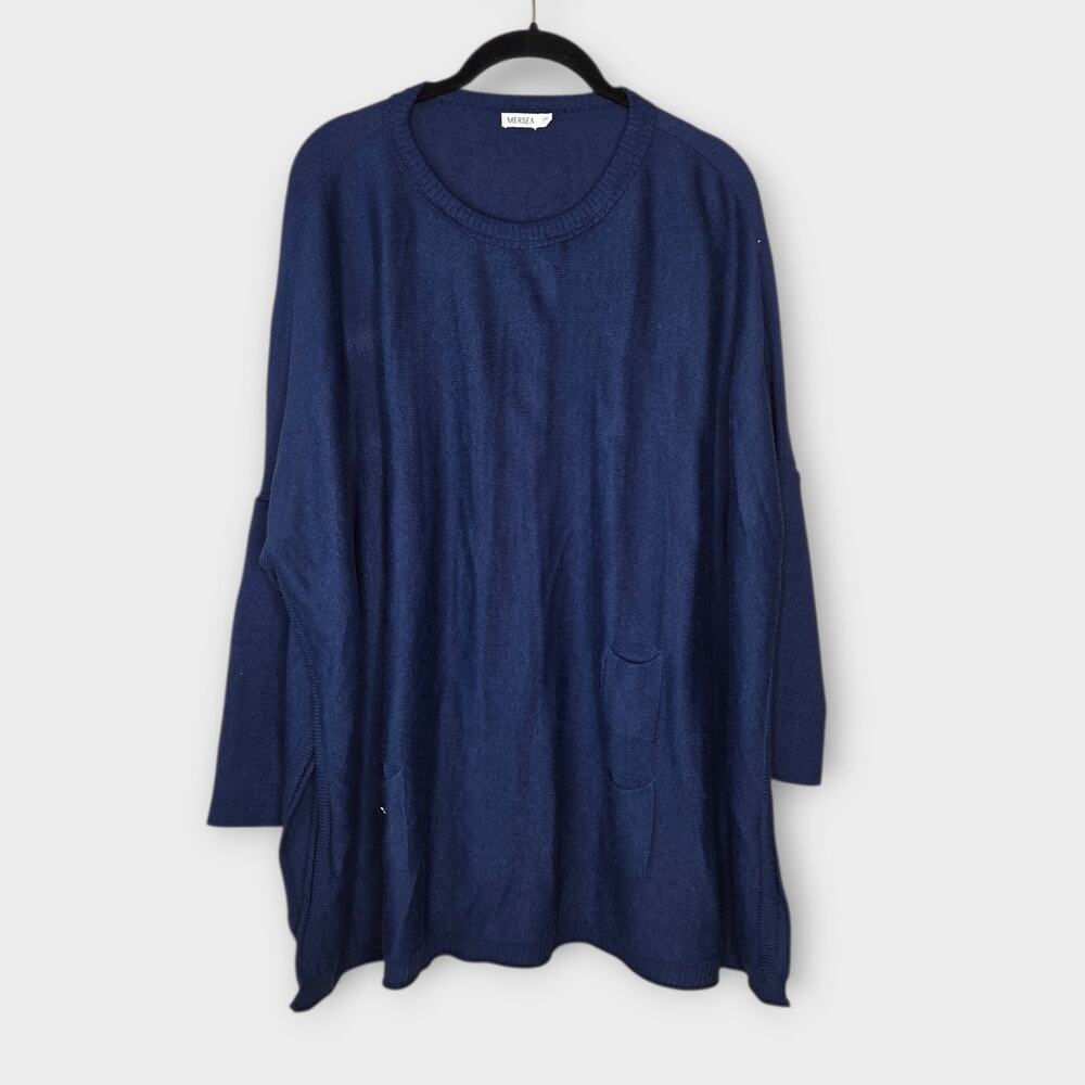MERSEA Caralina Navy Oversized Poncho Sweater Side Slit Womens One Size